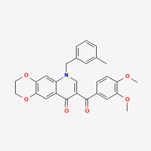 molecular formula C28H25NO6 B2969195 8-(3,4-二甲氧基苯甲酰)-6-[(3-甲基苯基)甲基]-2,3-二氢-[1,4]二噁杂环[2,3-g]喹啉-9-酮 CAS No. 866809-38-3