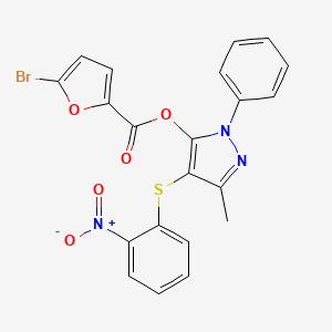 molecular formula C21H14BrN3O5S B2969209 3-methyl-4-((2-nitrophenyl)thio)-1-phenyl-1H-pyrazol-5-yl 5-bromofuran-2-carboxylate CAS No. 851126-30-2