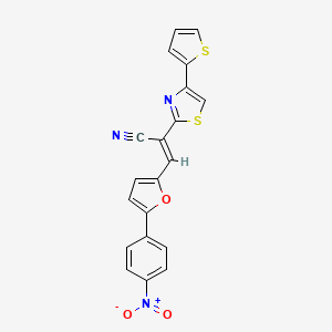 molecular formula C20H11N3O3S2 B2969230 (E)-3-(5-(4-nitrophenyl)furan-2-yl)-2-(4-(thiophen-2-yl)thiazol-2-yl)acrylonitrile CAS No. 627890-09-9