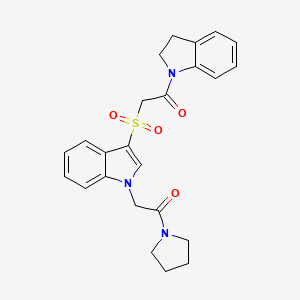 molecular formula C24H25N3O4S B2969235 1-(indolin-1-yl)-2-((1-(2-oxo-2-(pyrrolidin-1-yl)ethyl)-1H-indol-3-yl)sulfonyl)ethanone CAS No. 878055-74-4