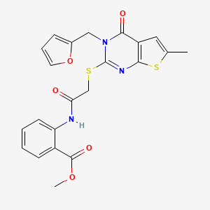 molecular formula C22H19N3O5S2 B2969303 methyl 2-[2-({3-[(furan-2-yl)methyl]-6-methyl-4-oxo-3H,4H-thieno[2,3-d]pyrimidin-2-yl}sulfanyl)acetamido]benzoate CAS No. 831193-06-7