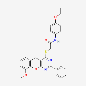 molecular formula C28H25N3O4S B2969312 N-(4-乙氧基苯基)-2-((9-甲氧基-2-苯基-5H-色烯并[2,3-d]嘧啶-4-基)硫代)乙酰胺 CAS No. 899760-13-5