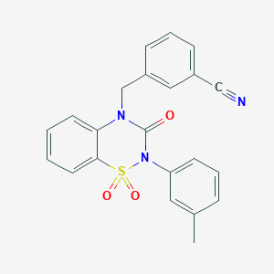 molecular formula C22H17N3O3S B2969350 3-((1,1-dioxido-3-oxo-2-(m-tolyl)-2H-benzo[e][1,2,4]thiadiazin-4(3H)-yl)methyl)benzonitrile CAS No. 896685-94-2