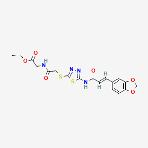 molecular formula C18H18N4O6S2 B2969361 (E)-乙基 2-(2-((5-(3-(苯并[d][1,3]二氧杂环-5-基)丙烯酰胺)-1,3,4-噻二唑-2-基)硫代)乙酰氨基)乙酸酯 CAS No. 1321914-49-1