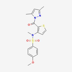 molecular formula C18H19N3O4S2 B2969374 N-{2-[(3,5-二甲基-1H-吡唑-1-基)羰基]噻吩-3-基}-4-甲氧基-N-甲基苯磺酰胺 CAS No. 1325306-60-2