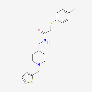 molecular formula C19H23FN2OS2 B2969489 2-((4-fluorophenyl)thio)-N-((1-(thiophen-2-ylmethyl)piperidin-4-yl)methyl)acetamide CAS No. 1208623-74-8
