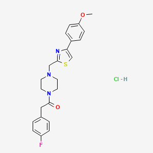 molecular formula C23H25ClFN3O2S B2969506 2-(4-Fluorophenyl)-1-(4-((4-(4-methoxyphenyl)thiazol-2-yl)methyl)piperazin-1-yl)ethanone hydrochloride CAS No. 1215746-20-5