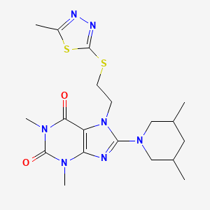 molecular formula C19H27N7O2S2 B2969511 8-(3,5-dimethylpiperidin-1-yl)-1,3-dimethyl-7-(2-((5-methyl-1,3,4-thiadiazol-2-yl)thio)ethyl)-1H-purine-2,6(3H,7H)-dione CAS No. 838896-61-0
