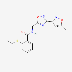 molecular formula C16H16N4O3S B2969534 2-(ethylthio)-N-((3-(5-methylisoxazol-3-yl)-1,2,4-oxadiazol-5-yl)methyl)benzamide CAS No. 2034420-16-9