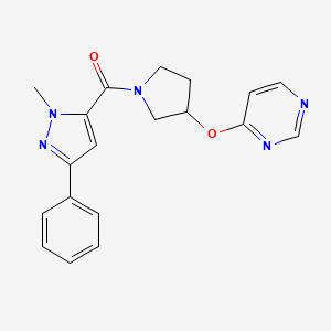 molecular formula C19H19N5O2 B2969560 (1-methyl-3-phenyl-1H-pyrazol-5-yl)(3-(pyrimidin-4-yloxy)pyrrolidin-1-yl)methanone CAS No. 2034327-76-7