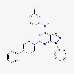 molecular formula C27H24FN7 B2969576 N-(3-fluorophenyl)-1-phenyl-6-(4-phenylpiperazin-1-yl)-1H-pyrazolo[3,4-d]pyrimidin-4-amine CAS No. 955337-44-7
