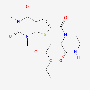molecular formula C17H20N4O6S B2969579 Ethyl 2-(1-(1,3-dimethyl-2,4-dioxo-1,2,3,4-tetrahydrothieno[2,3-d]pyrimidine-6-carbonyl)-3-oxopiperazin-2-yl)acetate CAS No. 1103647-33-1
