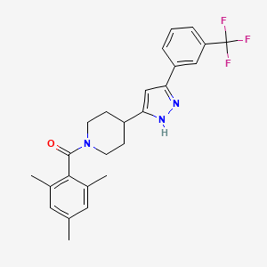 molecular formula C25H26F3N3O B2969607 [4-[3-[3-(trifluoromethyl)phenyl]-1H-pyrazol-5-yl]piperidin-1-yl]-(2,4,6-trimethylphenyl)methanone CAS No. 1030386-13-0