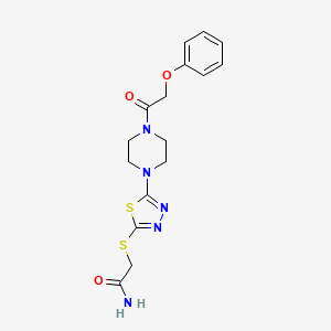 molecular formula C16H19N5O3S2 B2969611 2-((5-(4-(2-Phenoxyacetyl)piperazin-1-yl)-1,3,4-thiadiazol-2-yl)thio)acetamide CAS No. 1105224-51-8