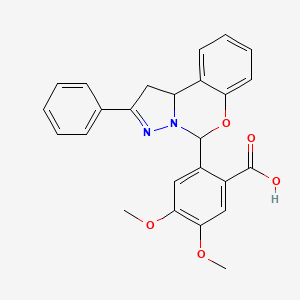 molecular formula C25H22N2O5 B2969641 4,5-Dimethoxy-2-(2-phenyl-1,10b-dihydropyrazolo[1,5-c][1,3]benzoxazin-5-yl)benzoic acid CAS No. 442566-73-6