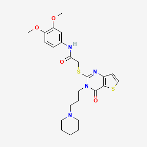 molecular formula C24H30N4O4S2 B2969651 N-(3,4-dimethoxyphenyl)-2-((4-oxo-3-(3-(piperidin-1-yl)propyl)-3,4-dihydrothieno[3,2-d]pyrimidin-2-yl)thio)acetamide CAS No. 1787902-71-9