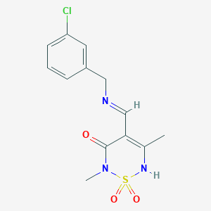 molecular formula C13H14ClN3O3S B2969652 4-[(3-Chlorophenyl)methyliminomethyl]-3,6-dimethyl-1,1-dioxo-2H-1,2,6-thiadiazin-5-one CAS No. 2380195-75-3