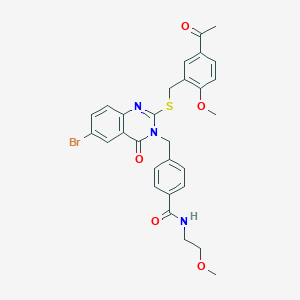 molecular formula C29H28BrN3O5S B2969659 4-((2-((5-acetyl-2-methoxybenzyl)thio)-6-bromo-4-oxoquinazolin-3(4H)-yl)methyl)-N-(2-methoxyethyl)benzamide CAS No. 422288-65-1