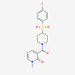 molecular formula C18H19FN2O4S B2969681 3-(4-((4-fluorophenyl)sulfonyl)piperidine-1-carbonyl)-1-methylpyridin-2(1H)-one CAS No. 1797686-82-8