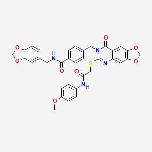 molecular formula C34H28N4O8S B2969743 N-(1,3-benzodioxol-5-ylmethyl)-4-{[6-({2-[(4-methoxyphenyl)amino]-2-oxoethyl}thio)-8-oxo[1,3]dioxolo[4,5-g]quinazolin-7(8H)-yl]methyl}benzamide CAS No. 688062-05-7