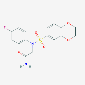 molecular formula C16H15FN2O5S B296977 2-[(2,3-Dihydro-1,4-benzodioxin-6-ylsulfonyl)-4-fluoroanilino]acetamide 