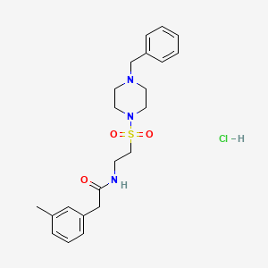 molecular formula C22H30ClN3O3S B2969781 N-(2-((4-benzylpiperazin-1-yl)sulfonyl)ethyl)-2-(m-tolyl)acetamide hydrochloride CAS No. 1185121-23-6