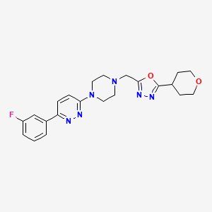 molecular formula C22H25FN6O2 B2969801 2-[[4-[6-(3-Fluorophenyl)pyridazin-3-yl]piperazin-1-yl]methyl]-5-(oxan-4-yl)-1,3,4-oxadiazole CAS No. 2380180-33-4
