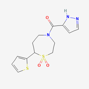 molecular formula C13H15N3O3S2 B2969805 (1,1-dioxido-7-(thiophen-2-yl)-1,4-thiazepan-4-yl)(1H-pyrazol-3-yl)methanone CAS No. 2034382-18-6