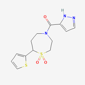 molecular formula C13H15N3O3S2 B2969805 (1,1-二氧化-7-(噻吩-2-基)-1,4-噻氮杂环-4-基)(1H-吡唑-3-基)甲酮 CAS No. 2034382-18-6