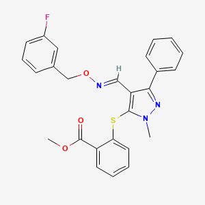 molecular formula C26H22FN3O3S B2969877 methyl 2-{[4-({[(3-fluorobenzyl)oxy]imino}methyl)-1-methyl-3-phenyl-1H-pyrazol-5-yl]sulfanyl}benzenecarboxylate CAS No. 321998-48-5