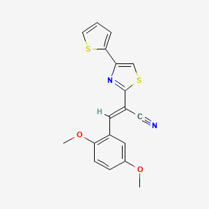 molecular formula C18H14N2O2S2 B2969888 (E)-3-(2,5-dimethoxyphenyl)-2-(4-(thiophen-2-yl)thiazol-2-yl)acrylonitrile CAS No. 326021-26-5