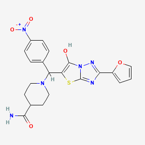 molecular formula C21H20N6O5S B2969891 1-((2-(Furan-2-yl)-6-hydroxythiazolo[3,2-b][1,2,4]triazol-5-yl)(4-nitrophenyl)methyl)piperidine-4-carboxamide CAS No. 896292-18-5