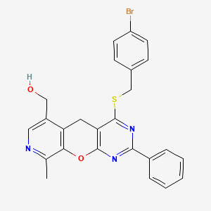 molecular formula C25H20BrN3O2S B2969893 (7-{[(4-Bromophenyl)methyl]sulfanyl}-14-methyl-5-phenyl-2-oxa-4,6,13-triazatricyclo[8.4.0.0^{3,8}]tetradeca-1(10),3(8),4,6,11,13-hexaen-11-yl)methanol CAS No. 892416-56-7