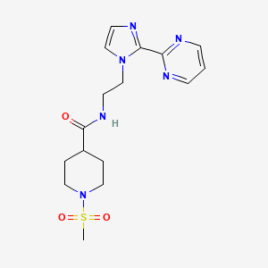 molecular formula C16H22N6O3S B2969894 1-(甲磺酰基)-N-(2-(2-(嘧啶-2-基)-1H-咪唑-1-基)乙基)哌啶-4-甲酰胺 CAS No. 1448072-00-1