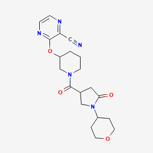 molecular formula C20H25N5O4 B2969898 3-((1-(5-氧代-1-(四氢-2H-吡喃-4-基)吡咯烷-3-羰基)哌啶-3-基)氧基)吡嗪-2-甲腈 CAS No. 2034229-78-0