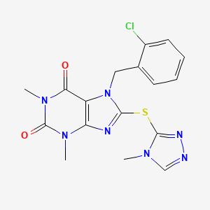 molecular formula C17H16ClN7O2S B2969901 7-(2-Chloro-benzyl)-1,3-dimethyl-8-(4-methyl-4H-[1,2,4]triazol-3-ylsulfanyl)-3,7-dihydro-purine-2,6-dione CAS No. 797775-51-0