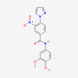 molecular formula C18H16N4O5 B2969918 N-(3,4-dimethoxyphenyl)-3-nitro-4-(1H-pyrazol-1-yl)benzenecarboxamide CAS No. 321570-85-8