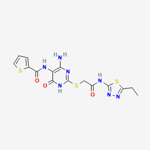 molecular formula C15H15N7O3S3 B2969993 N-(4-amino-2-((2-((5-ethyl-1,3,4-thiadiazol-2-yl)amino)-2-oxoethyl)thio)-6-oxo-1,6-dihydropyrimidin-5-yl)thiophene-2-carboxamide CAS No. 868225-80-3