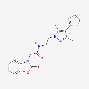 molecular formula C20H20N4O3S B2970002 N-(2-(3,5-dimethyl-4-(thiophen-2-yl)-1H-pyrazol-1-yl)ethyl)-2-(2-oxobenzo[d]oxazol-3(2H)-yl)acetamide CAS No. 2034554-18-0