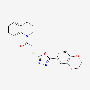 molecular formula C21H19N3O4S B2970027 2-((5-(2,3-dihydrobenzo[b][1,4]dioxin-6-yl)-1,3,4-oxadiazol-2-yl)thio)-1-(3,4-dihydroquinolin-1(2H)-yl)ethanone CAS No. 851129-89-0
