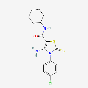 molecular formula C16H18ClN3OS2 B2970034 4-amino-3-(4-chlorophenyl)-N-cyclohexyl-2-thioxo-2,3-dihydrothiazole-5-carboxamide CAS No. 946370-66-7