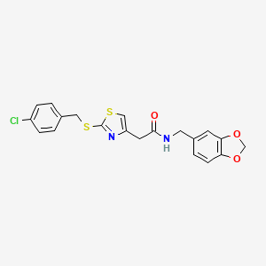 molecular formula C20H17ClN2O3S2 B2970096 N-(benzo[d][1,3]dioxol-5-ylmethyl)-2-(2-((4-chlorobenzyl)thio)thiazol-4-yl)acetamide CAS No. 941922-97-0