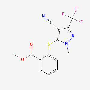 molecular formula C14H10F3N3O2S B2970161 methyl 2-{[4-cyano-1-methyl-3-(trifluoromethyl)-1H-pyrazol-5-yl]sulfanyl}benzenecarboxylate CAS No. 318239-35-9