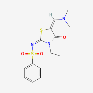 molecular formula C14H17N3O3S2 B2970163 苯磺酰胺，N-(5-二甲氨基亚甲基-3-乙基-4-氧代噻唑烷-2-亚甲基)- CAS No. 630090-71-0