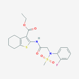 molecular formula C20H23FN2O5S2 B297017 Ethyl 2-({[2-fluoro(methylsulfonyl)anilino]acetyl}amino)-4,5,6,7-tetrahydro-1-benzothiophene-3-carboxylate 