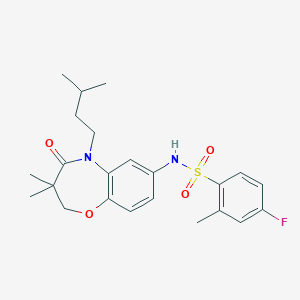 molecular formula C23H29FN2O4S B2970188 4-fluoro-N-(5-isopentyl-3,3-dimethyl-4-oxo-2,3,4,5-tetrahydrobenzo[b][1,4]oxazepin-7-yl)-2-methylbenzenesulfonamide CAS No. 922134-22-3