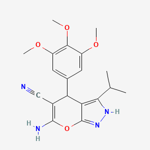 molecular formula C19H22N4O4 B2970199 6-氨基-3-丙-2-基-4-(3,4,5-三甲氧基苯基)-2,4-二氢吡喃并[2,3-c]吡唑-5-腈 CAS No. 371137-70-1