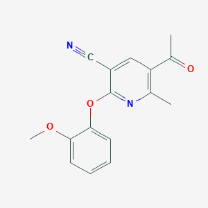 molecular formula C16H14N2O3 B2970205 5-乙酰基-2-(2-甲氧基苯氧基)-6-甲基烟腈 CAS No. 303146-69-2