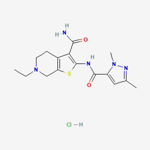 molecular formula C16H22ClN5O2S B2970210 2-(1,3-dimethyl-1H-pyrazole-5-carboxamido)-6-ethyl-4,5,6,7-tetrahydrothieno[2,3-c]pyridine-3-carboxamide hydrochloride CAS No. 1185080-56-1