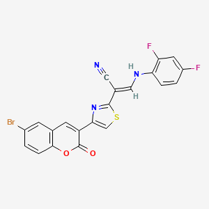 molecular formula C21H10BrF2N3O2S B2970284 (E)-2-(4-(6-溴-2-氧代-2H-色满-3-基)噻唑-2-基)-3-((2,4-二氟苯基)氨基)丙烯腈 CAS No. 477297-30-6
